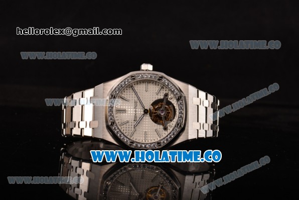 Audemars Piguet Royal Oak 41MM Swiss Tourbillon Manual Winding Full Steel with Diamonds Bezel and White Dial (FT) - Click Image to Close